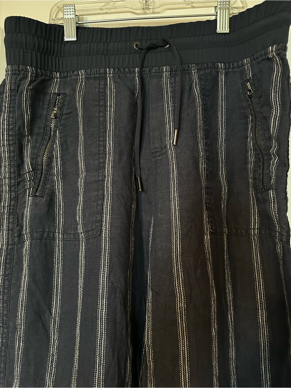 Athleta Navy Blue Linen Pants with Pinstripe Detail